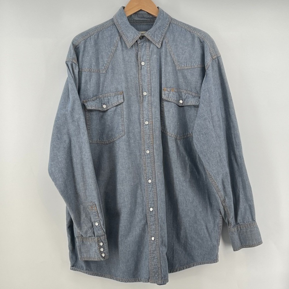 Vtg Key Distressed Denim Pearl Snap Western Shirt XLT Workwear Grunge 90s Y2K